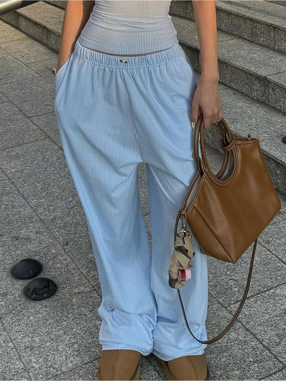 Light Blue Stripes Relaxed Loungewear Sweat Pants with Floral Deco